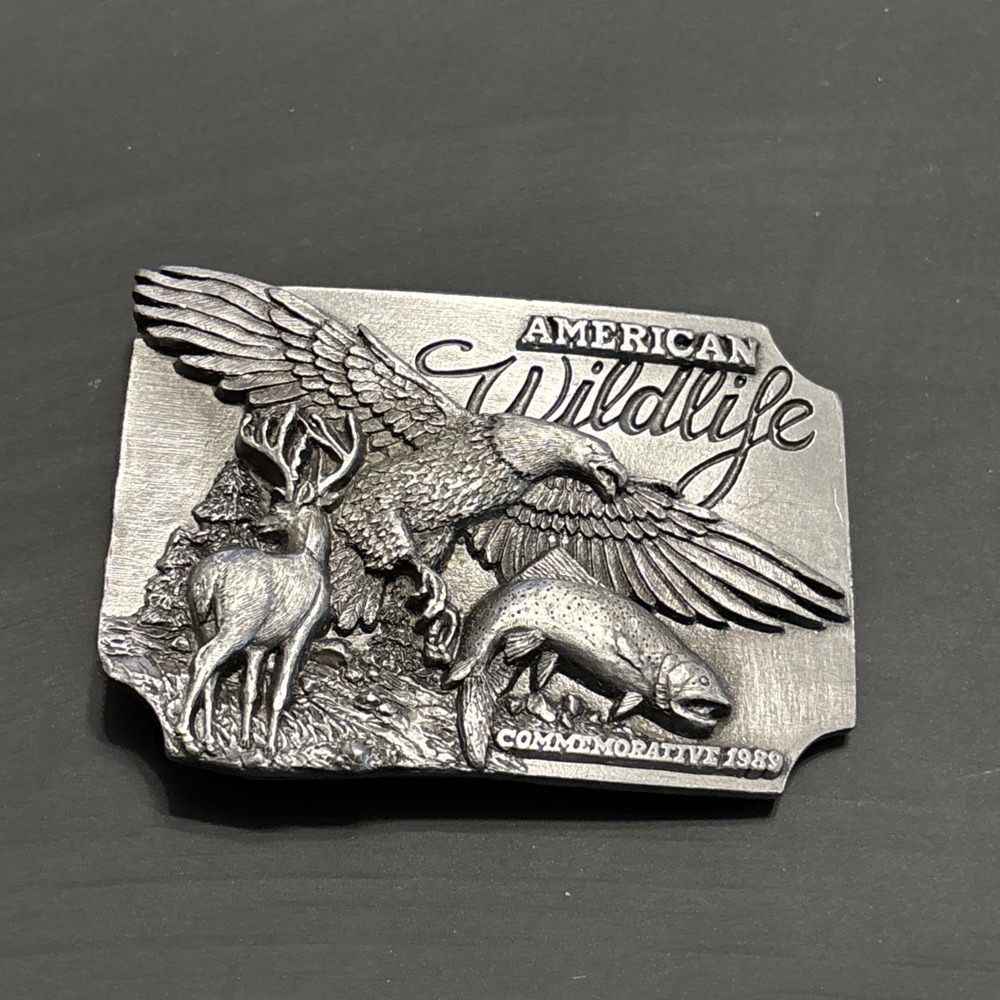 1989 Siskiyou American Wildlife Pewter Belt Buckle Eagle Deer Trout #116/2500